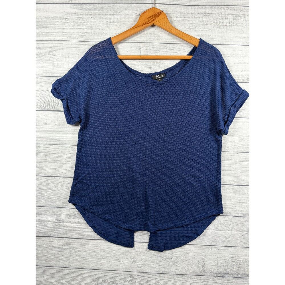a.n.a A New Approach Women's L Blue Knit Short Sleeve High Low Top 1304